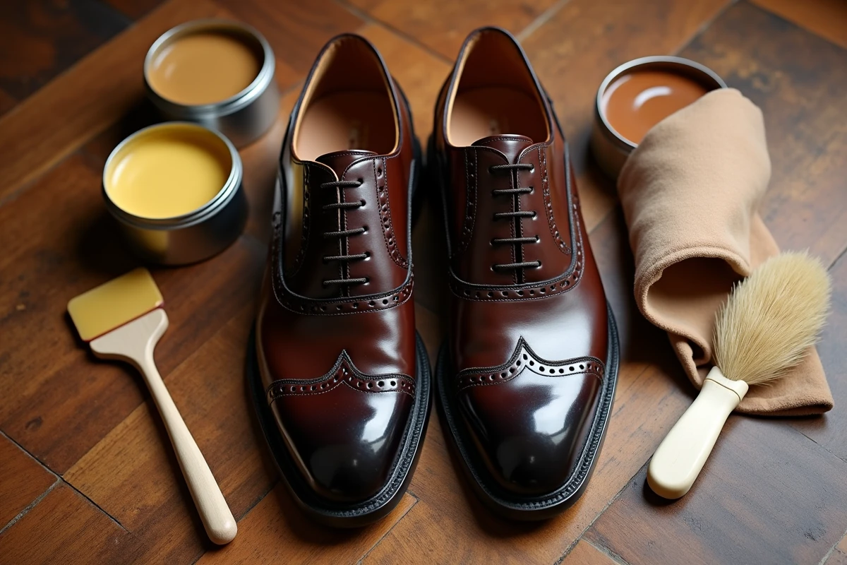 Vue à plat des accessoires de cirage et chaussures brogues marron brillantes sur parquet vintage