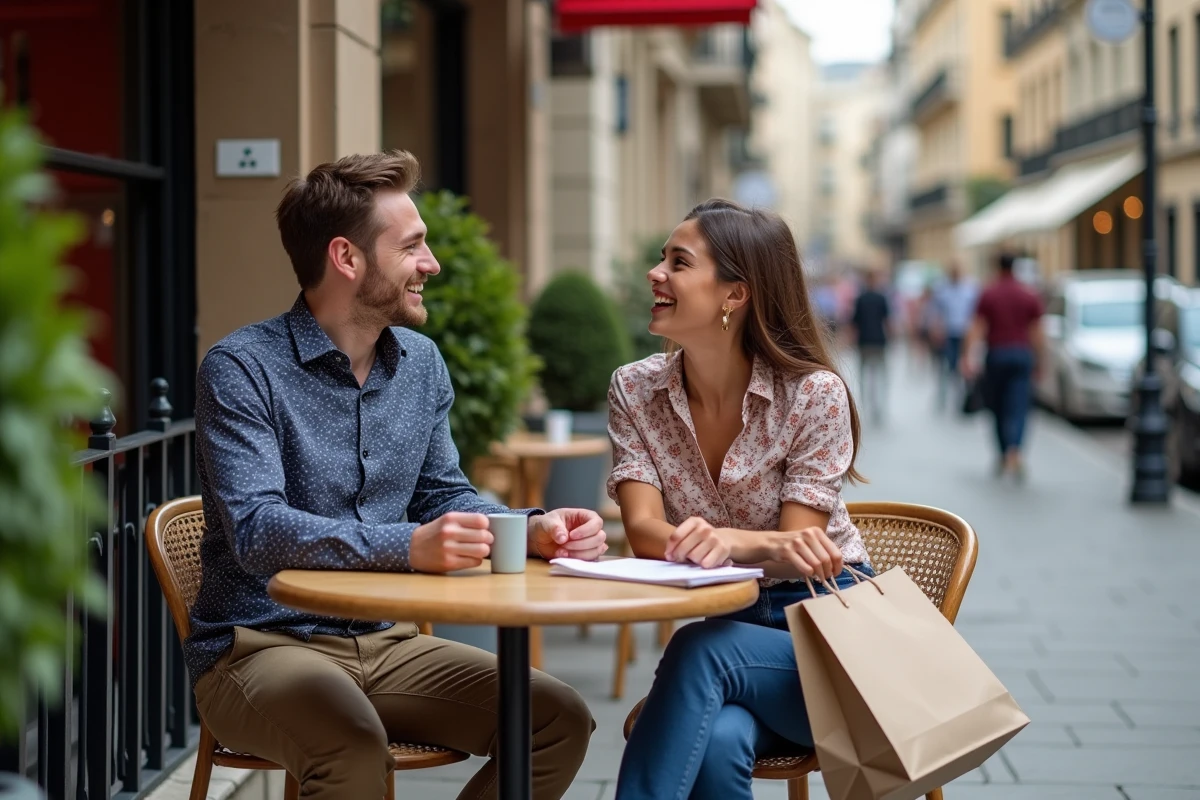 Deux jeunes adultes souriants au café en ville avec sacs shopping