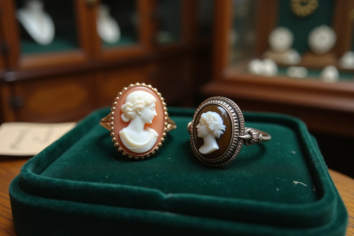 Deux bagues camées antiques exposées sur un plateau en velours vert, l'une en or rose l'autre en argent, dans une bijouterie ancienne