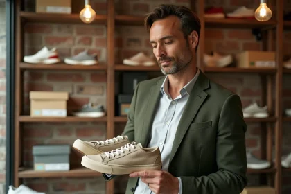 Homme tenant une basket éco-responsable en matières naturelles dans une boutique de chaussures indépendante