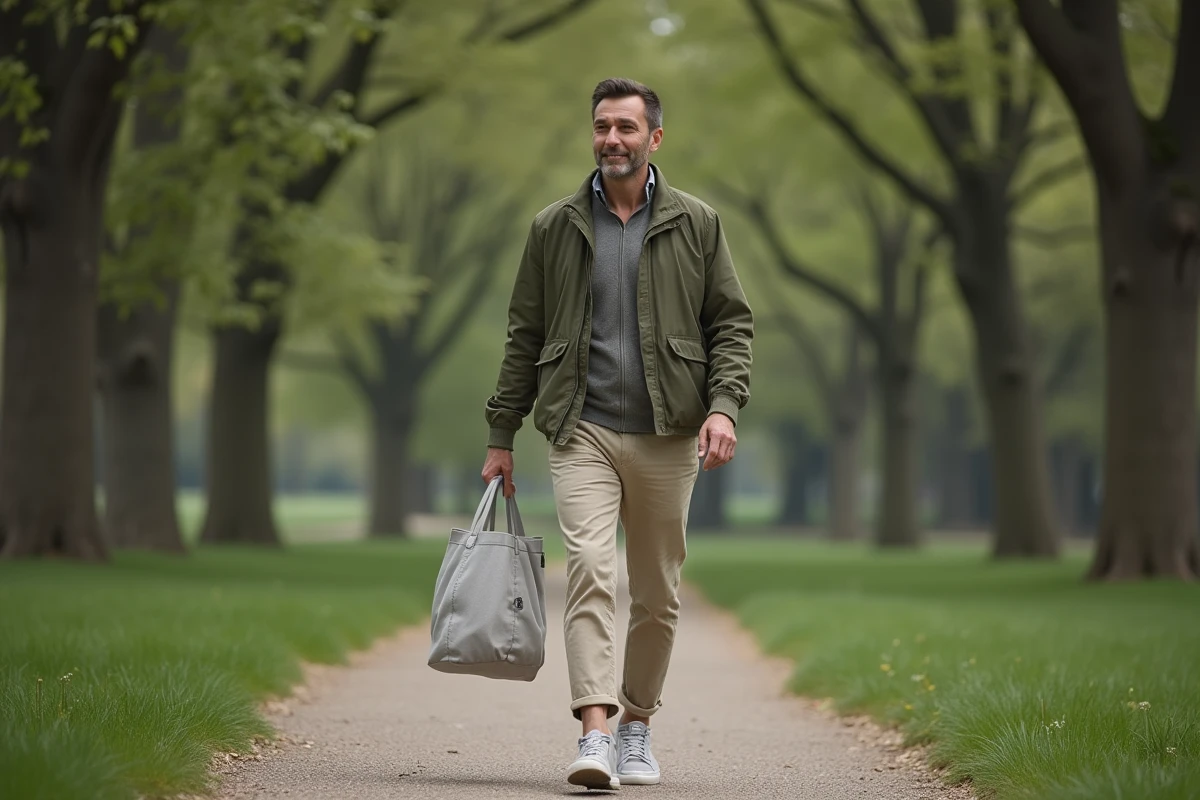 Homme portant des baskets fabriquées à partir de plastique recyclé lors d'une promenade en parc urbain