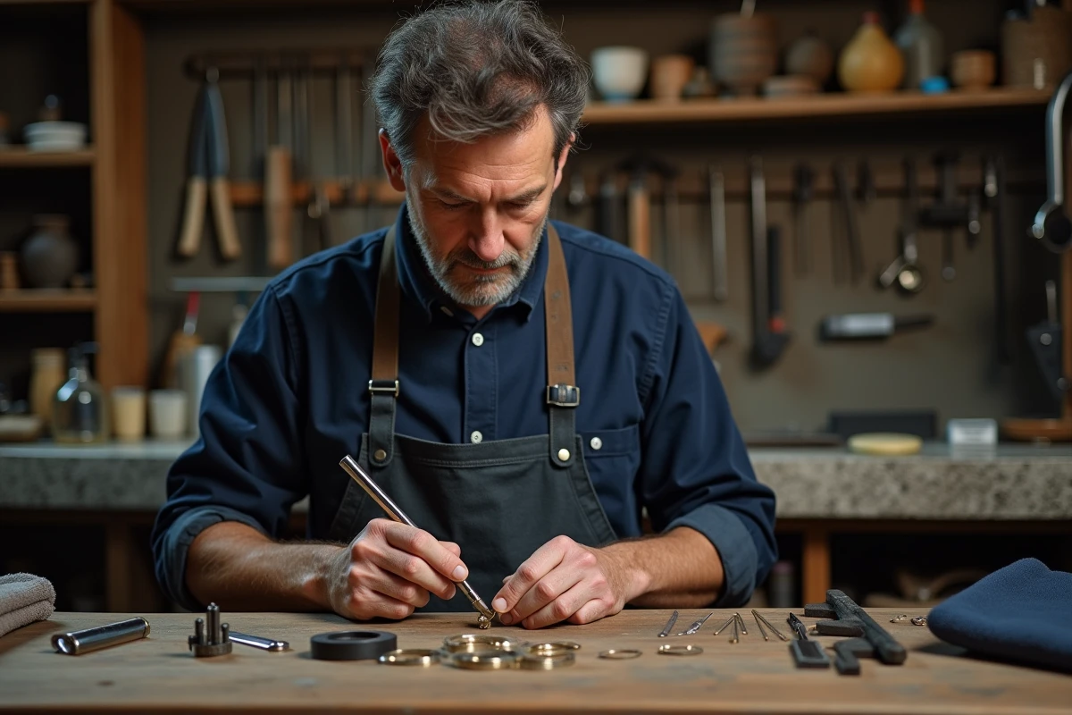Bijoutier utilisant un mandrin et des calibres pour mesurer la taille d'une bague en or dans un atelier