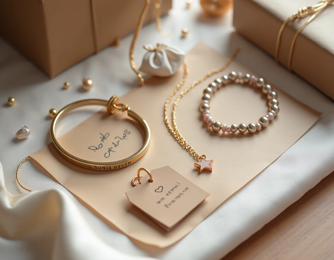 Composition à plat de bijoux personnalisés pour enfants incluant bracelet gravé, collier étoile et pendentif avec tag cadeau sur papier kraft