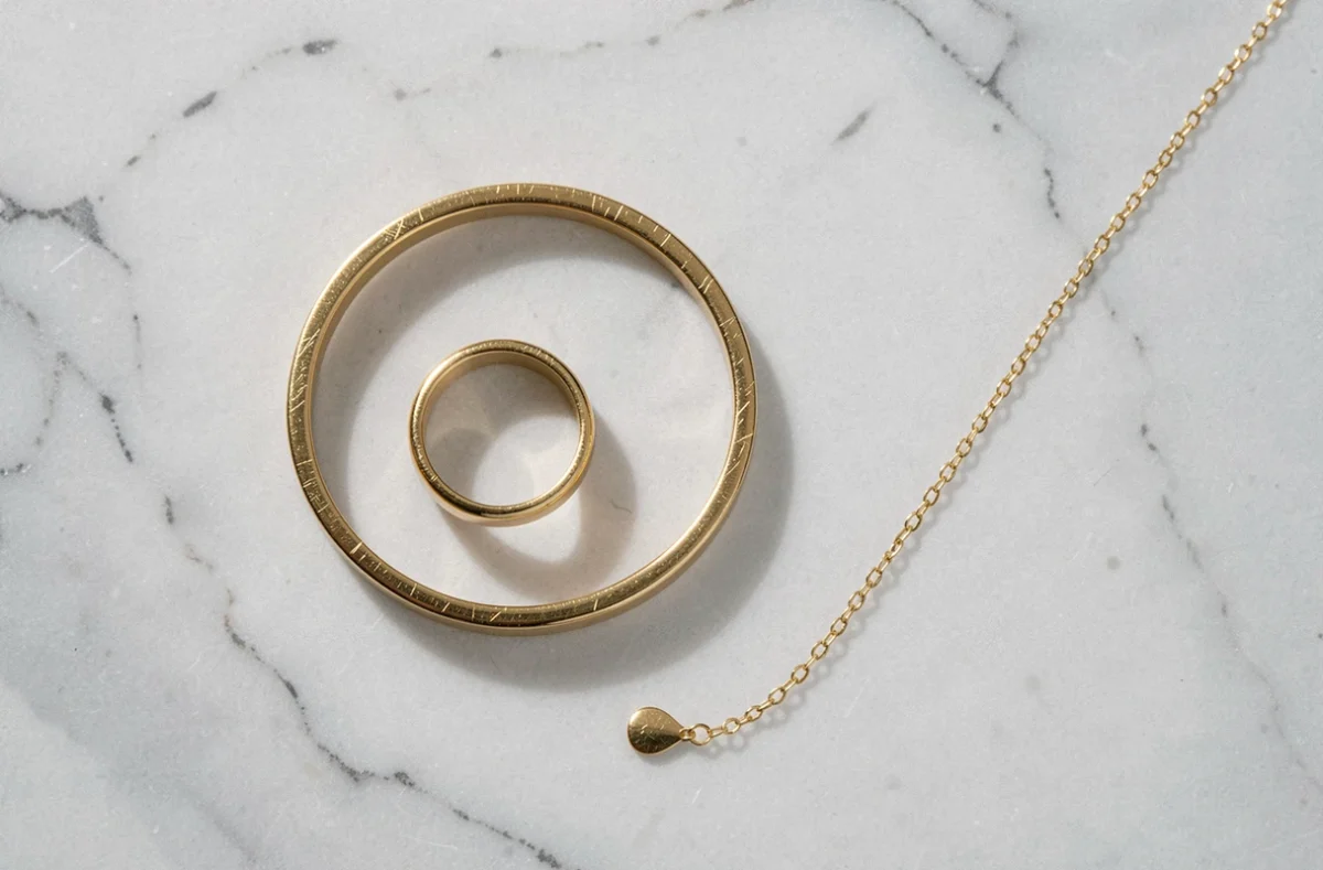 Bijoux plaqués or posés sur marbre blanc — bracelet, bague et collier pour illustrer le prix du plaqué or en 2026