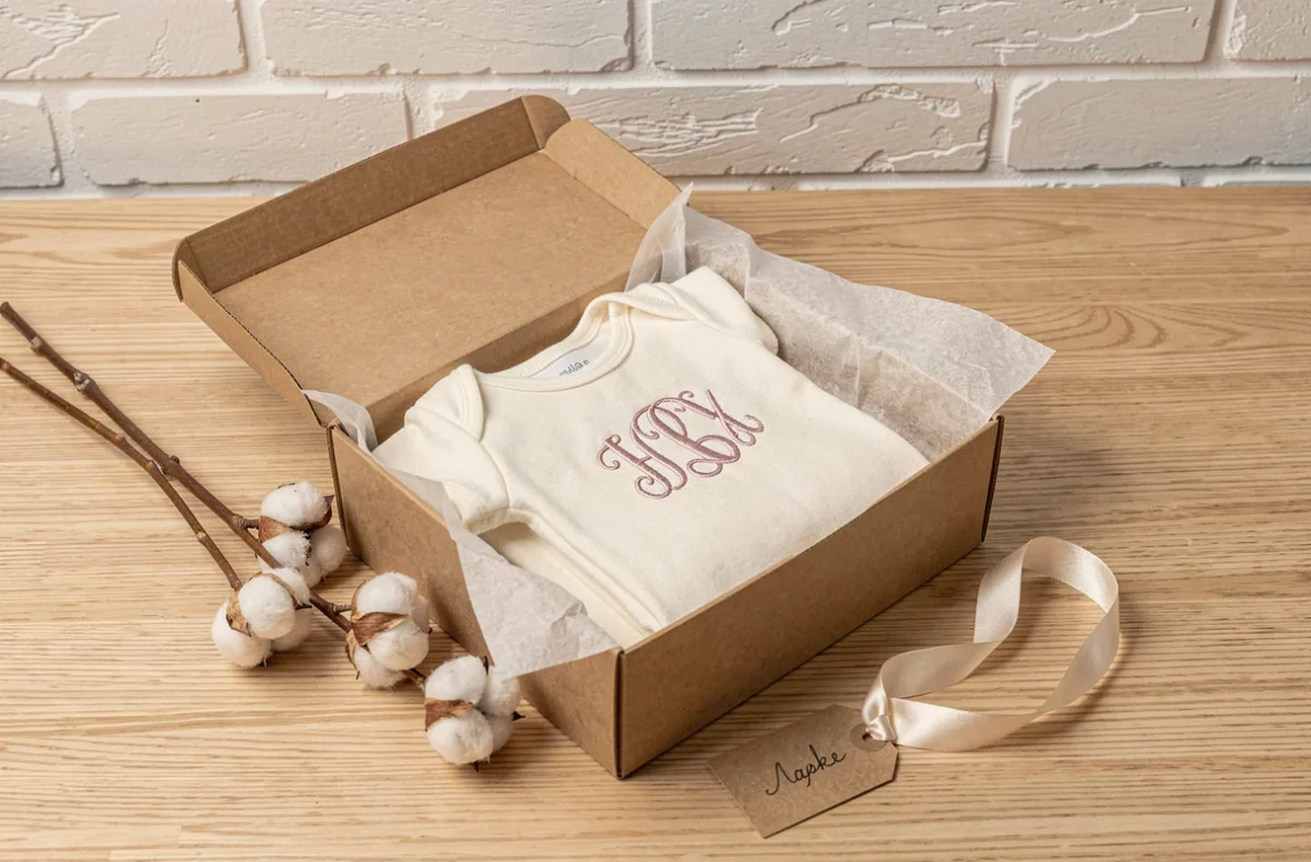 Body bébé personnalisé monogramme rose poudré dans boîte cadeau kraft, présentation élégante pour cadeau de naissance