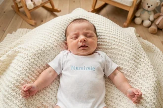 Body bébé personnalisé blanc avec prénom brodé en bleu pastel, nourrisson endormi sur couverture tricot crème dans une chambre de bébé