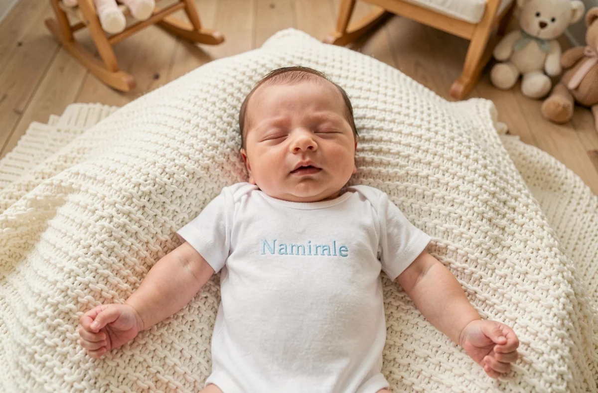 Body bébé personnalisé blanc avec prénom brodé en bleu pastel, nourrisson endormi sur couverture tricot crème dans une chambre de bébé
