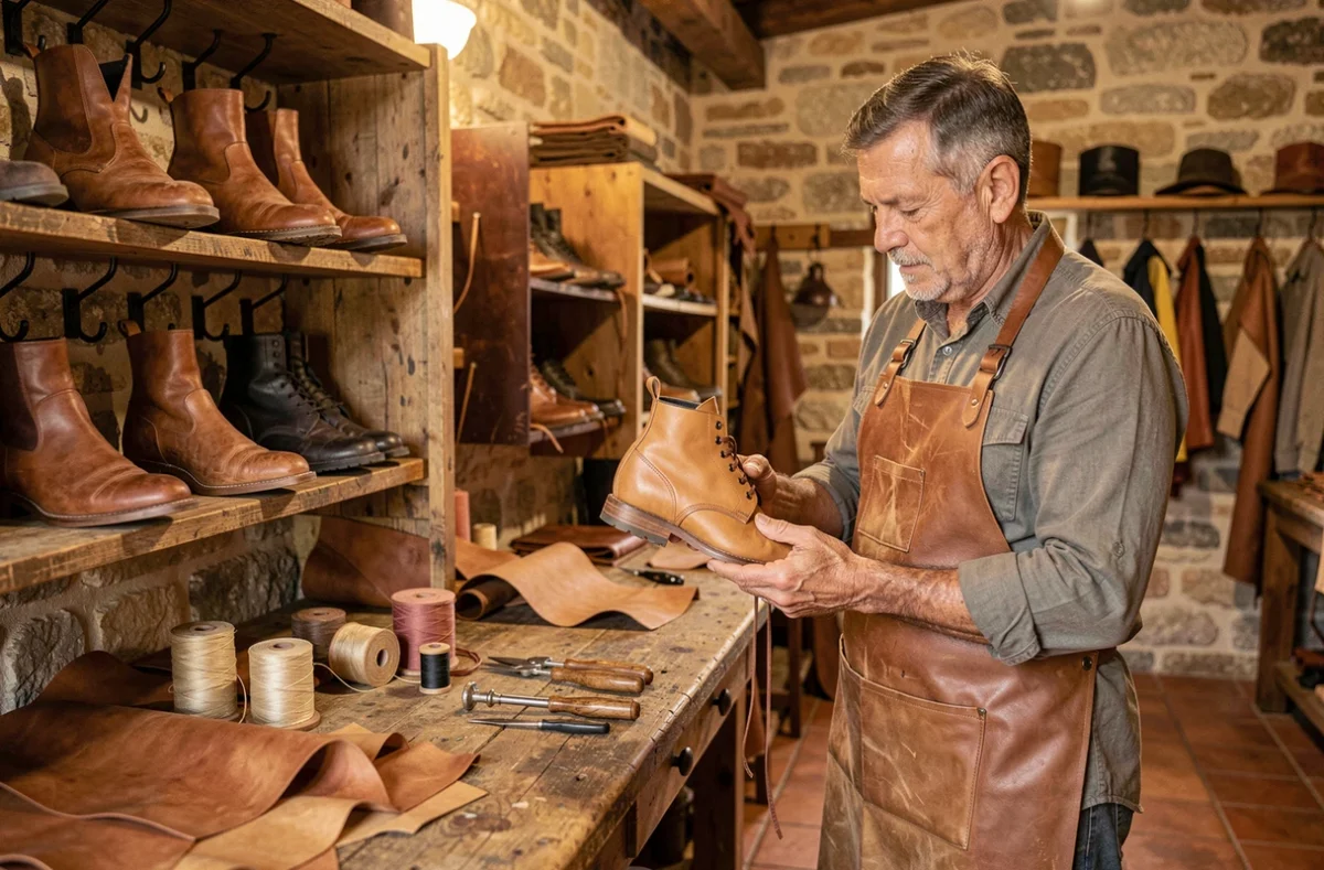 Artisan de La Botte Gardiane examinant une botte en cuir artisanale dans une boutique aux murs en pierre caractéristique de la Camargue gardoise