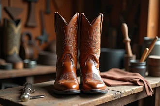 Paire de bottes cowboy homme en cuir pleine fleur marron châtaigne posée sur un établi de cordonnier artisanal, mettant en valeur la texture et la qualité du cuir
