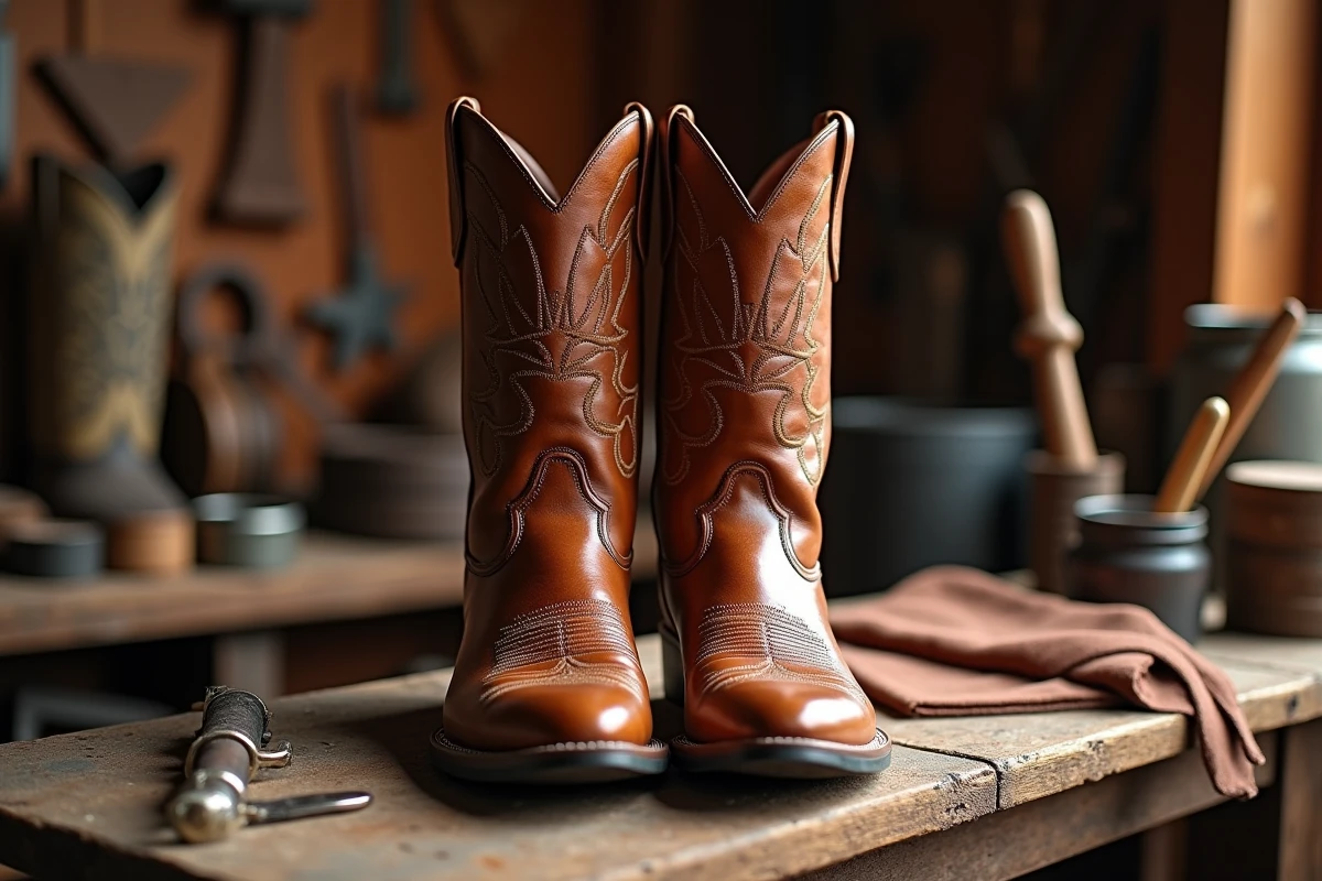 Paire de bottes cowboy homme en cuir pleine fleur marron châtaigne posée sur un établi de cordonnier artisanal, mettant en valeur la texture et la qualité du cuir