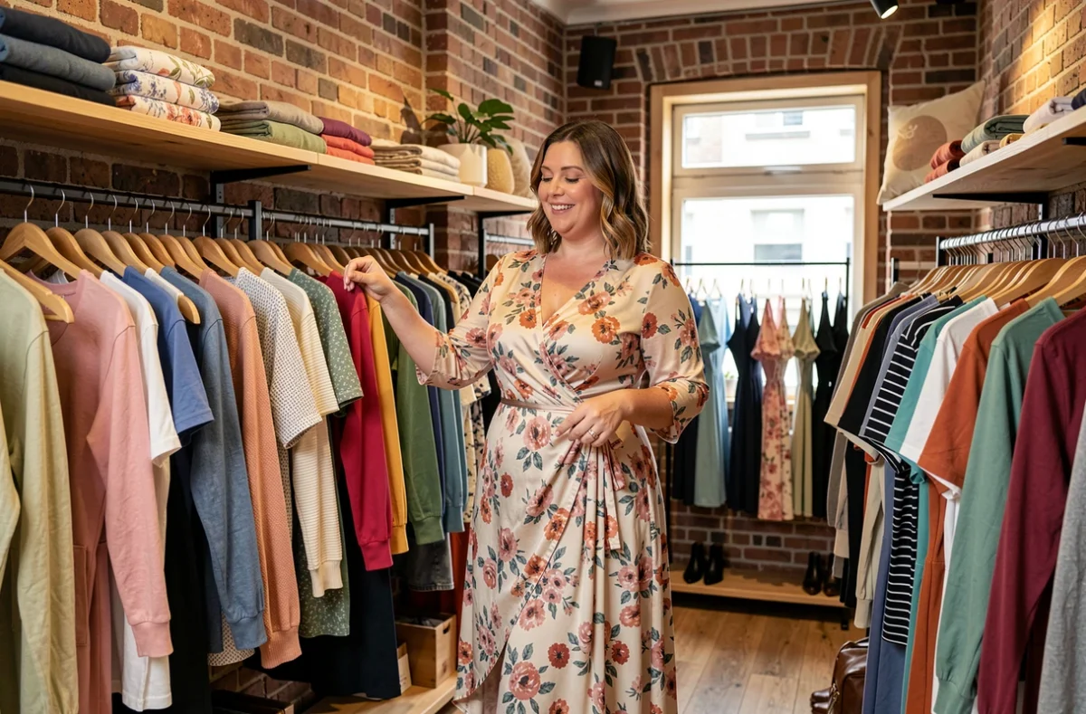 Femme essayant une robe dans une boutique de mode grandes tailles à Strasbourg