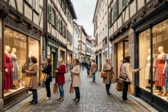 Rue commerçante de Strasbourg avec boutiques de prêt-à-porter féminin et architecture alsacienne