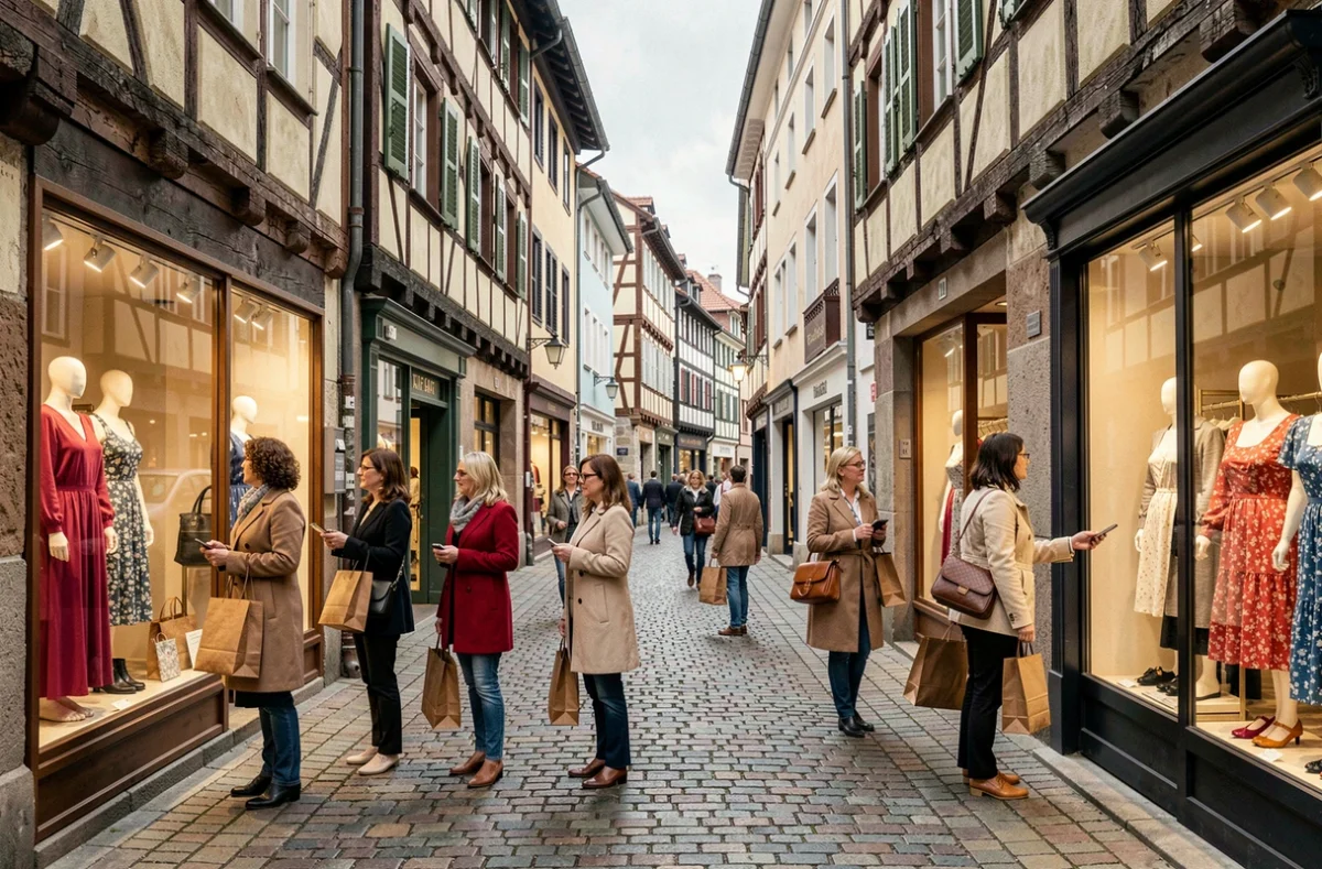 Rue commerçante de Strasbourg avec boutiques de prêt-à-porter féminin et architecture alsacienne