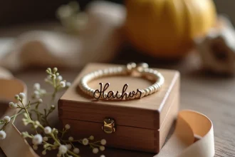 Bracelet enfant personnalisé gravé d'un prénom posé sur une boîte à bijoux en bois, entouré de fleurs séchées et d'un ruban en tissu doux