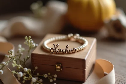 Bracelet enfant personnalisé gravé d'un prénom posé sur une boîte à bijoux en bois, entouré de fleurs séchées et d'un ruban en tissu doux