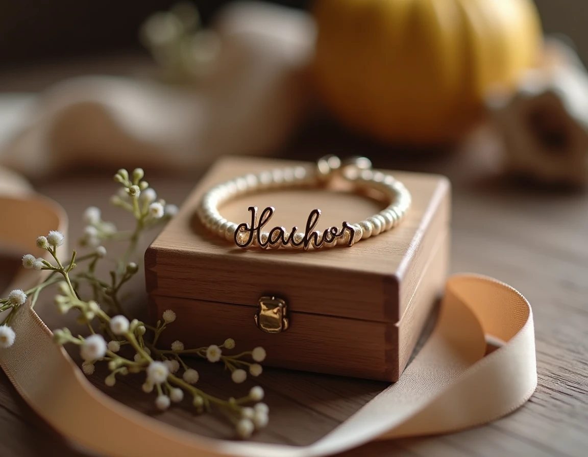 Bracelet enfant personnalisé gravé d'un prénom posé sur une boîte à bijoux en bois, entouré de fleurs séchées et d'un ruban en tissu doux