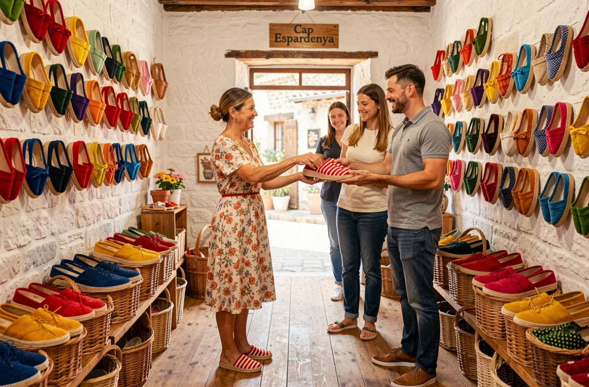 Boutique Cap Espardenya dans les Pyrénées-Orientales avec une commerçante présentant des espadrilles catalanes colorées accrochées sur des murs blanchis à la chaux