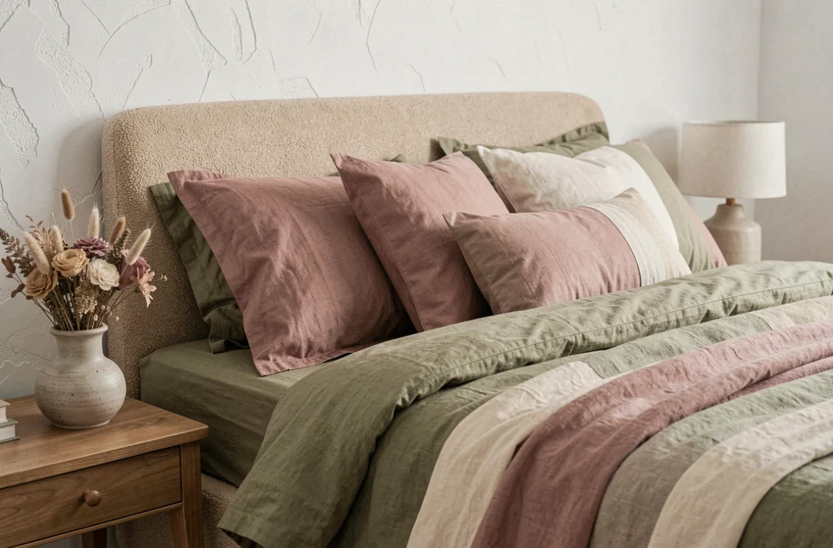 Chambre avec linge de lit vert kaki associé à des tons rose poudré et ivoire pour une décoration douce et harmonieuse
