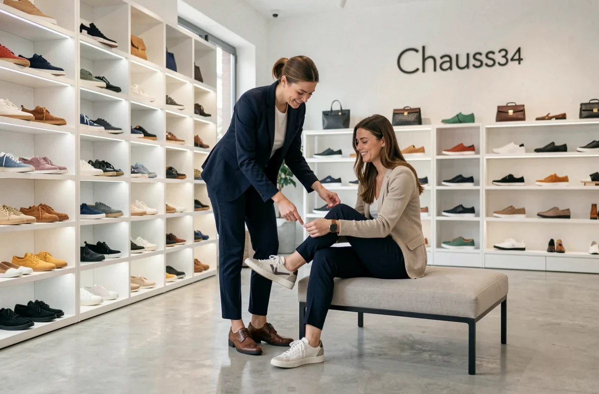 Intérieur du magasin Chauss34 dans l'Hérault avec une vendeuse aidant une cliente à essayer des chaussures sur des étagères blanches modernes