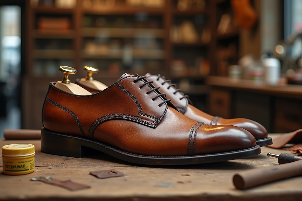 Chaussures en cuir usées déposées chez un cordonnier avec un ticket de réparation artisanal