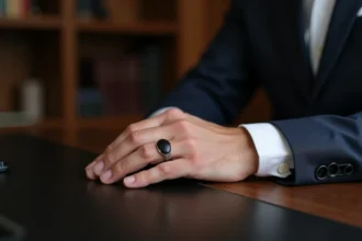 Chevalière homme onyx portée avec un costume bleu marine élégant, gros plan sur la main posée sur un bureau en bois sombre