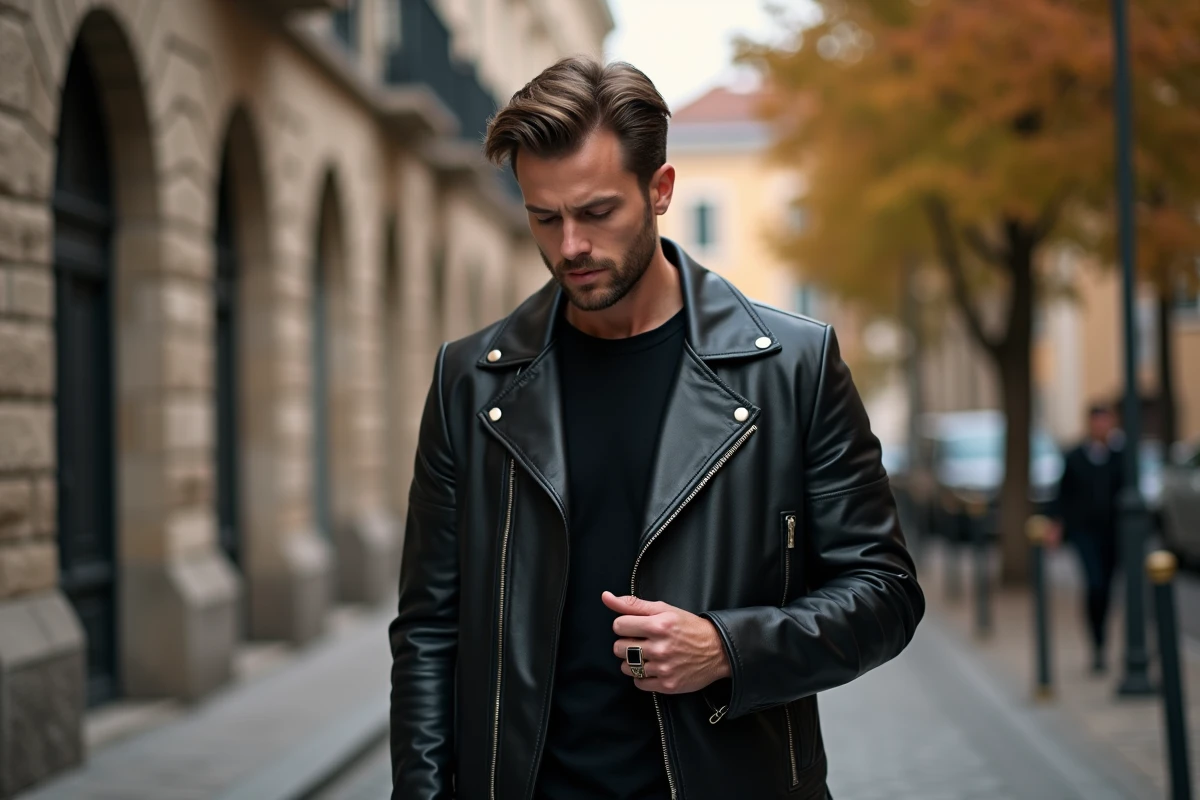 Homme en veste en cuir portant une chevalière onyx carrée dans une ruelle pavée européenne, style streetwear urbain