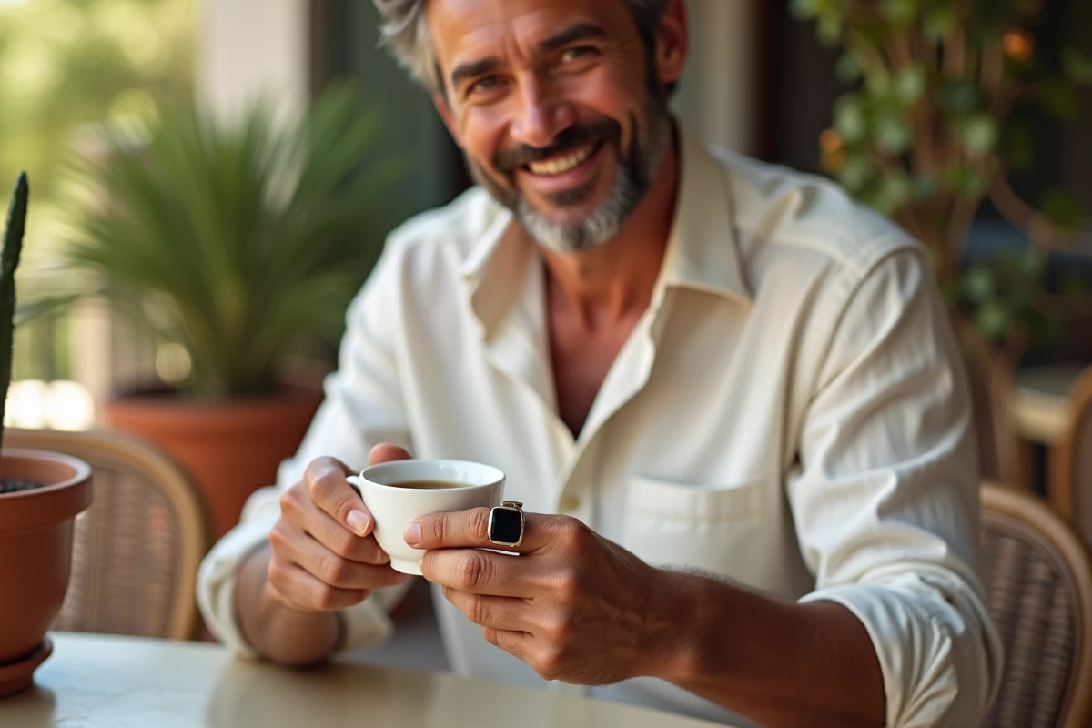 Homme décontracté en chemise lin portant une chevalière onyx en terrasse de café méditerranéen, style casual chic