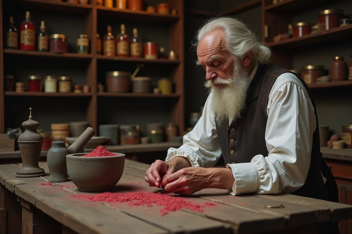 Chimiste ancien préparant un rouge à lèvres naturel