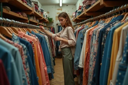 Jeune femme qui chine dans une friperie parisienne, feuilletant des vêtements vintage sur des portants en bois dans une boutique au décor authentique