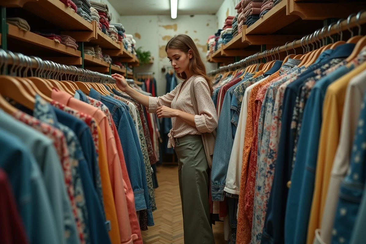Jeune femme qui chine dans une friperie parisienne, feuilletant des vêtements vintage sur des portants en bois dans une boutique au décor authentique