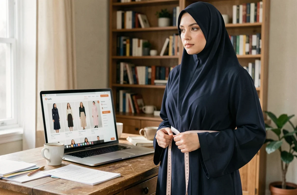 Femme portant un djilbab bleu marine et prenant ses mesures devant un ordinateur portable affichant un site de mode modeste