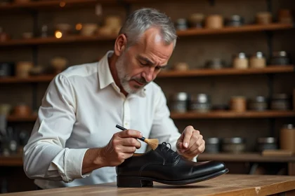 Homme cirant une chaussure Oxford noire avec une brosse à cirage dans un atelier artisanal en bois