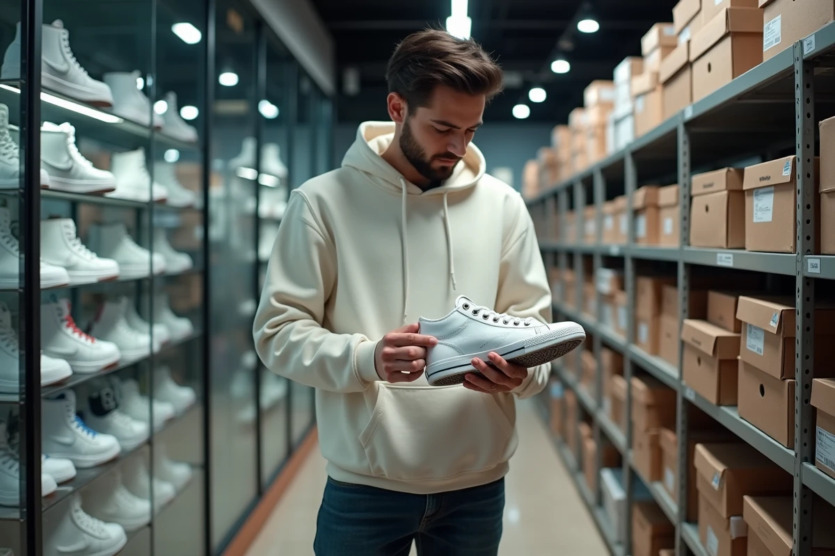 Homme inspectant des sneakers en boutique Snatch révélant des défauts invisibles sur les photos du site e-commerce