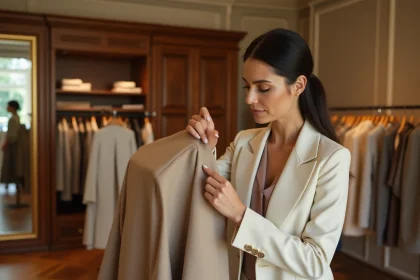 Cliente exigeante inspectant les finitions d'une veste haute couture dans une boutique élégante de Nice