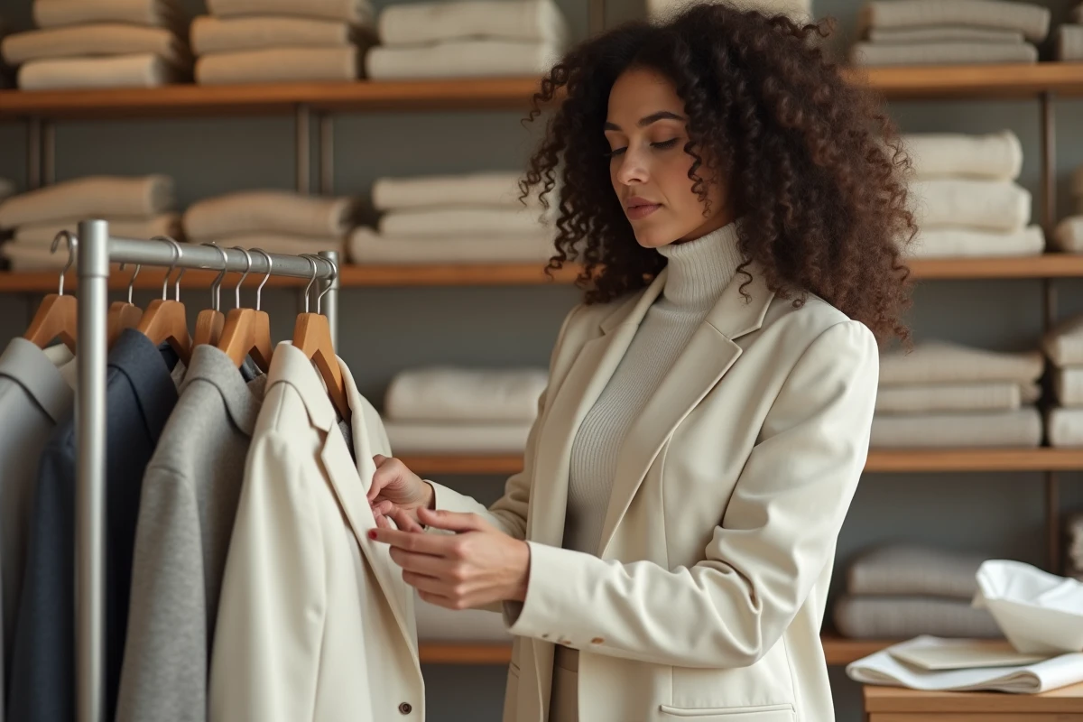 Femme aux cheveux bouclés parcourant les portants d'une boutique de mode singulière, vêtue d'un blazer crème et d'un col roulé — style éditorial et contemporain