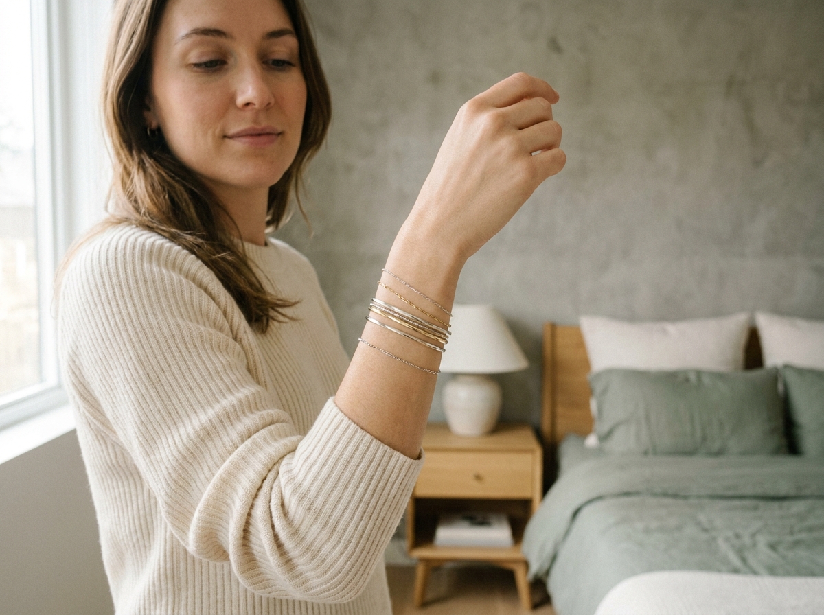 Jeune femme en pull côtelé ivoire portant une collection de bracelets fins argent et or dans une chambre minimaliste