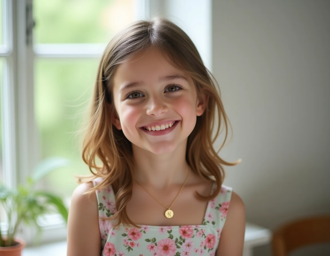 Jeune fille portant un collier personnalisé avec pendentif gravé d'une initiale, vêtue d'une robe pastel florale dans un cadre intérieur naturel