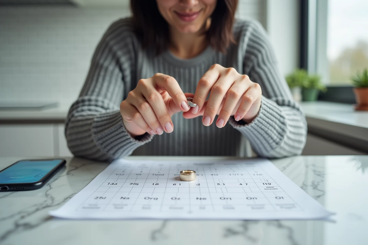 Femme comparant une bague avec un guide de tailles imprimé sur une table de cuisine moderne