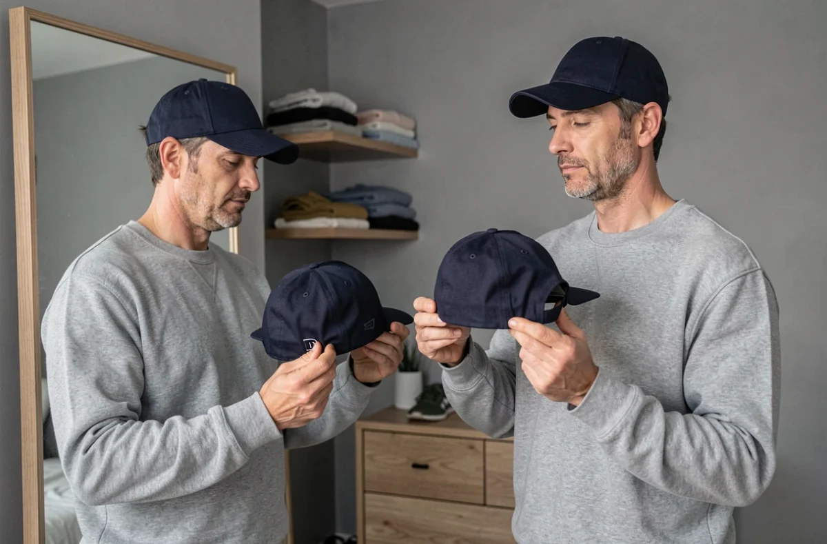 Homme comparant deux casquettes devant un miroir pour trouver la taille idéale avant un achat en ligne