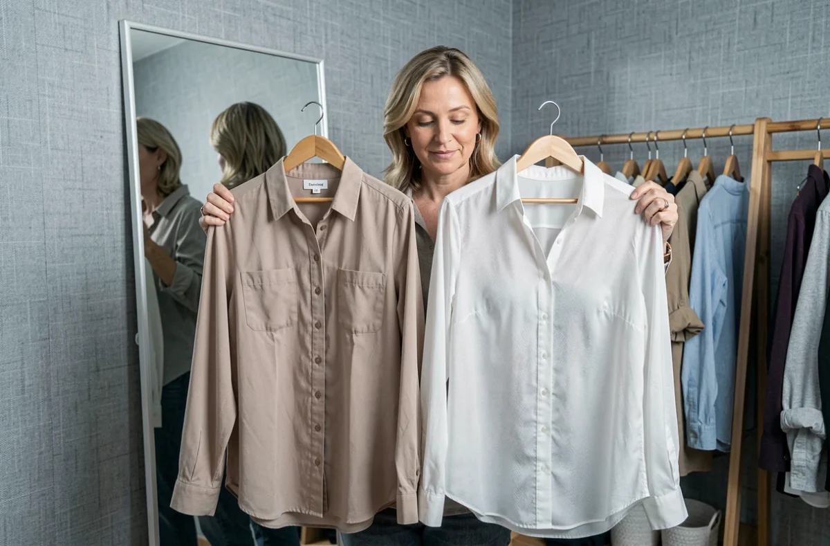 Femme comparant un chemisier et une blouse dans un dressing bien organisé devant un miroir