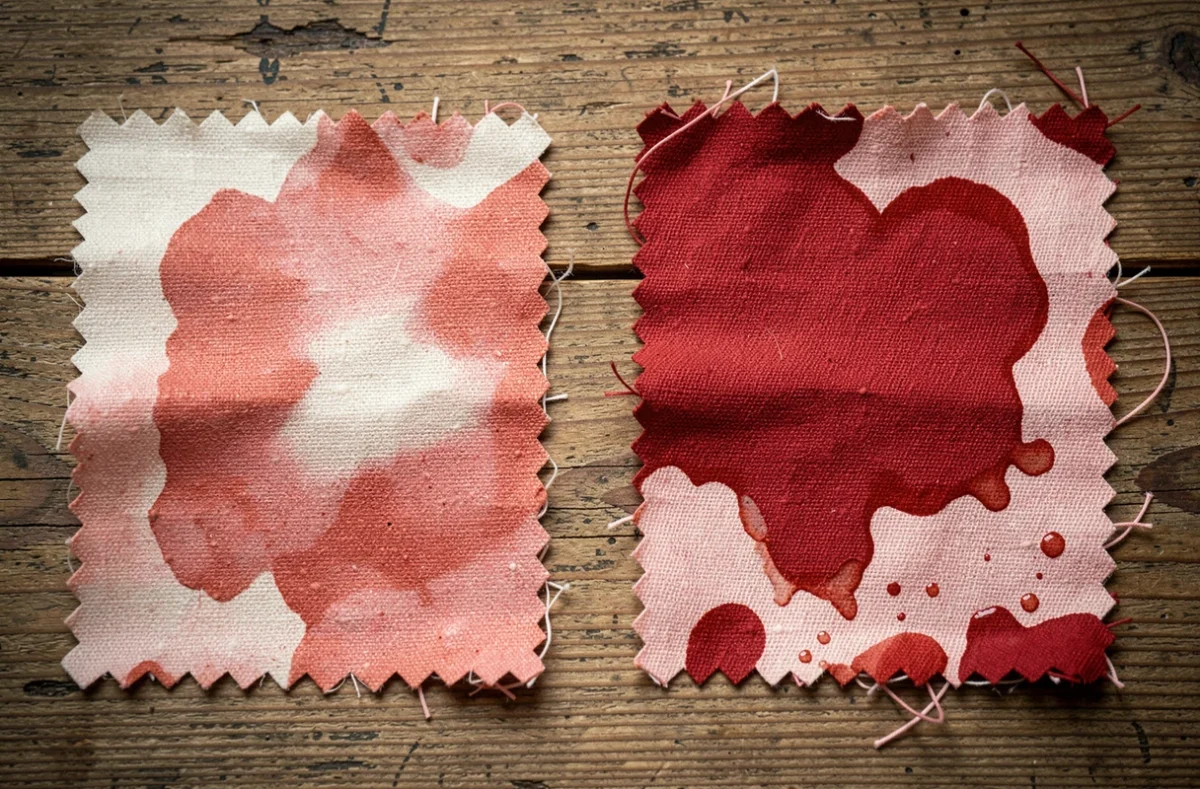 Comparaison de tissu polyester et coton après teinture rouge montrant une absorption inégale de la couleur
