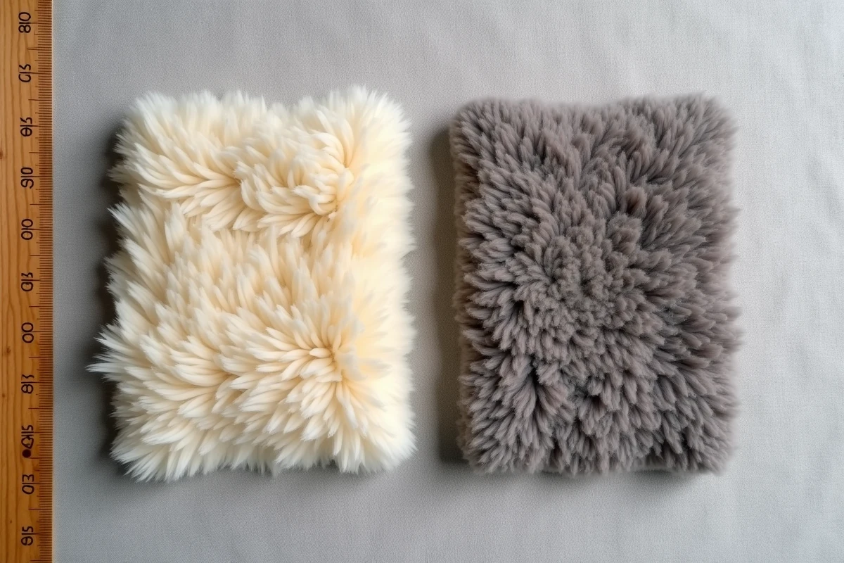 Comparaison côte à côte d'un échantillon de véritable peau de mouton et d'une doublure sherpa synthétique imitation, montrant les différences de texture et de construction