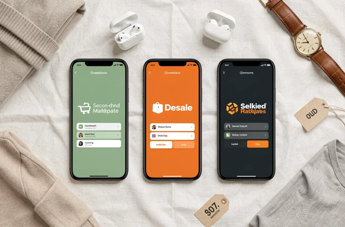 Comparatif visuel des applications de revente Sellpy, Vinted et Back Market posées sur un tissu avec des articles d'occasion