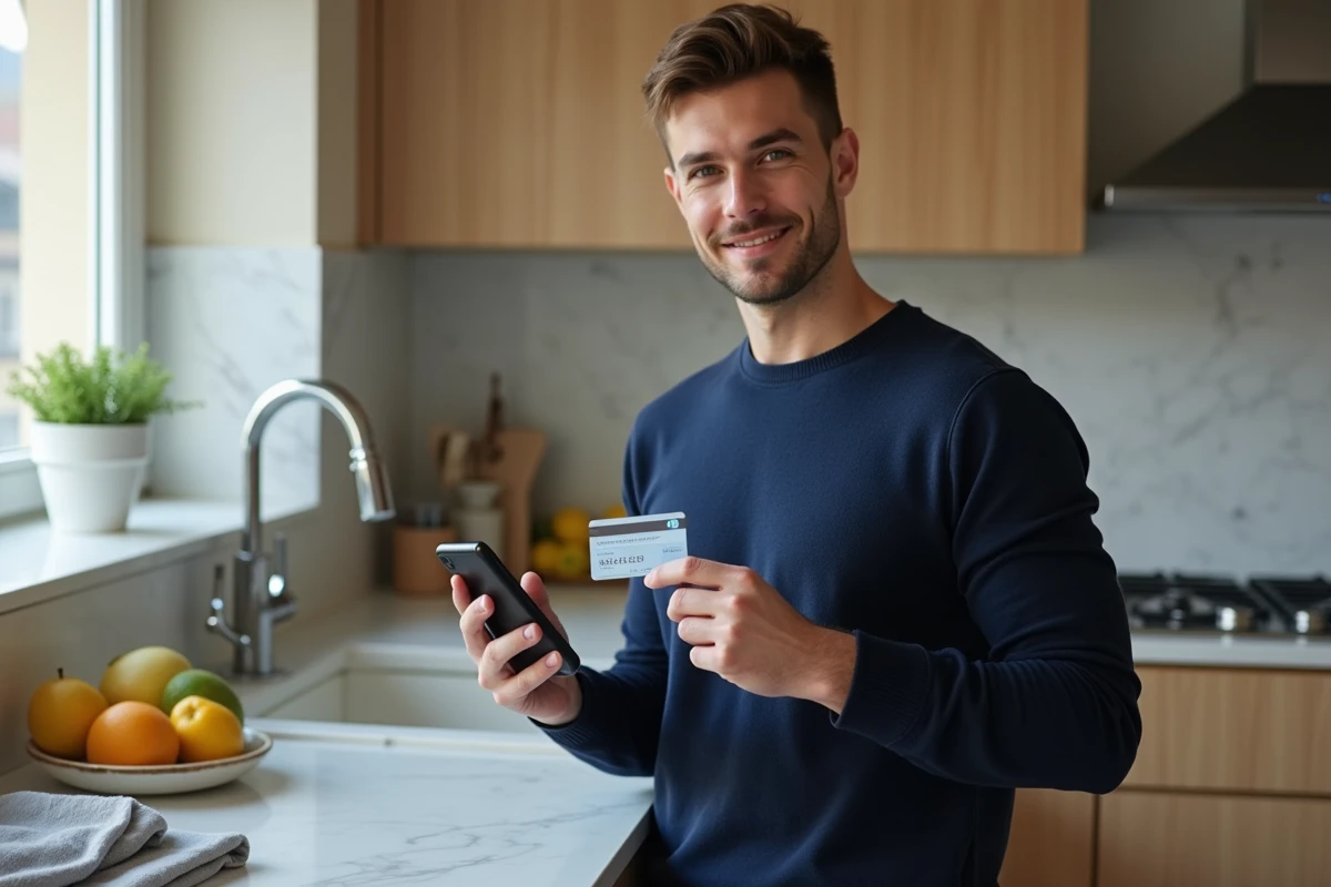 Homme tenant une carte bancaire et un smartphone affichant une confirmation de commande sur The Bradery