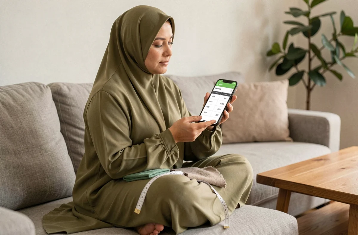 Femme en djilbab vert olive consultant un tableau de tailles sur smartphone depuis son salon