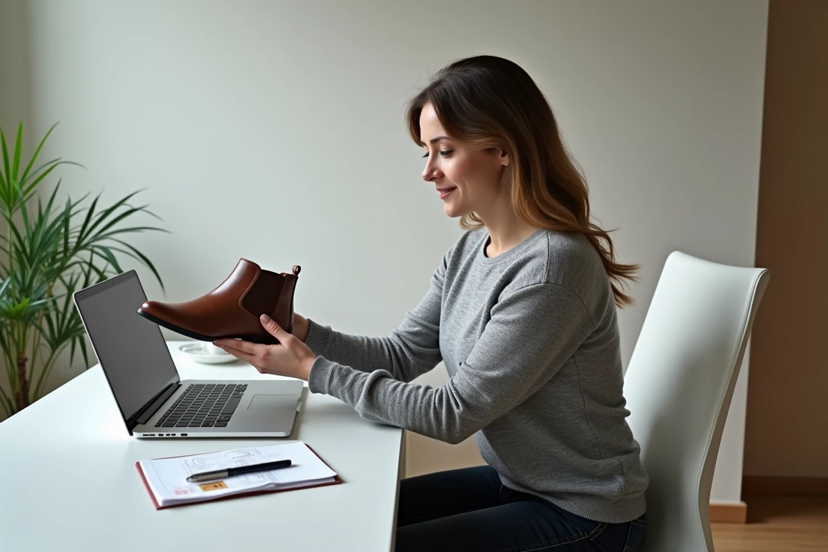 Femme préparant l'envoi d'une chaussure à une cordonnerie en ligne depuis son bureau à domicile