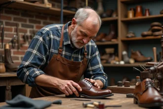 Cordonnier artisan réparant une chaussure en cuir dans son atelier traditionnel