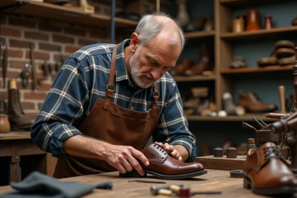 Cordonnier artisan réparant une chaussure en cuir dans son atelier traditionnel