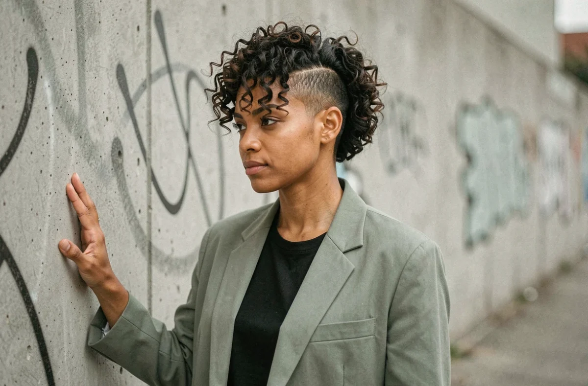 Jeune femme métisse avec une coupe courte bouclée pixie cut naturelle en extérieur urbain, style éditorial moderne