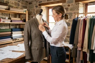 Couturière expérimentée épinglant une veste sur mesure dans un atelier de couture à Reims avec murs en pierre et tissus de qualité